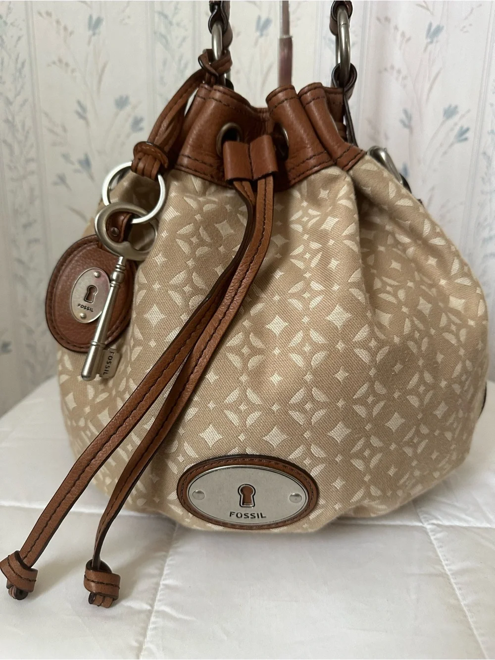 Fossil Beige Patterned Drawstring Bucket Bag with Brown Trim - Picture 1 of 16